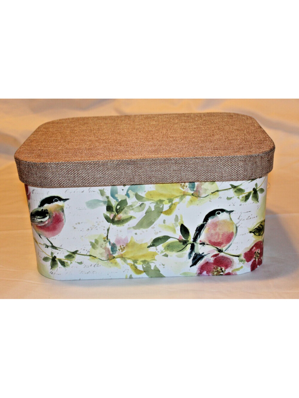 Susan Winget Decorative Storage Box Birds Floral Burlap Lid Place & Time 12.8"